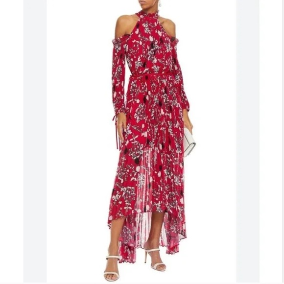 Self-Portrait Floral Chiffon Maxi Dress Red Cold Shoulder Pleated Hi-Low Size SM - Picture 6 of 16
